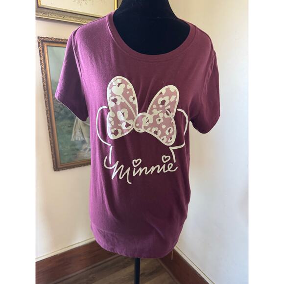 Disney Tops - Disney Minnie Mouse Leopard Bow Graphic Tee Burgundy Size S